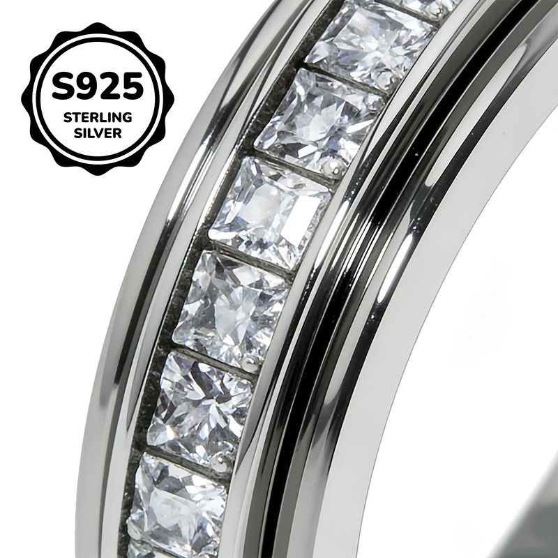 S925 Silver Rotatable Ring with Synthetic Zirconia, Unisex